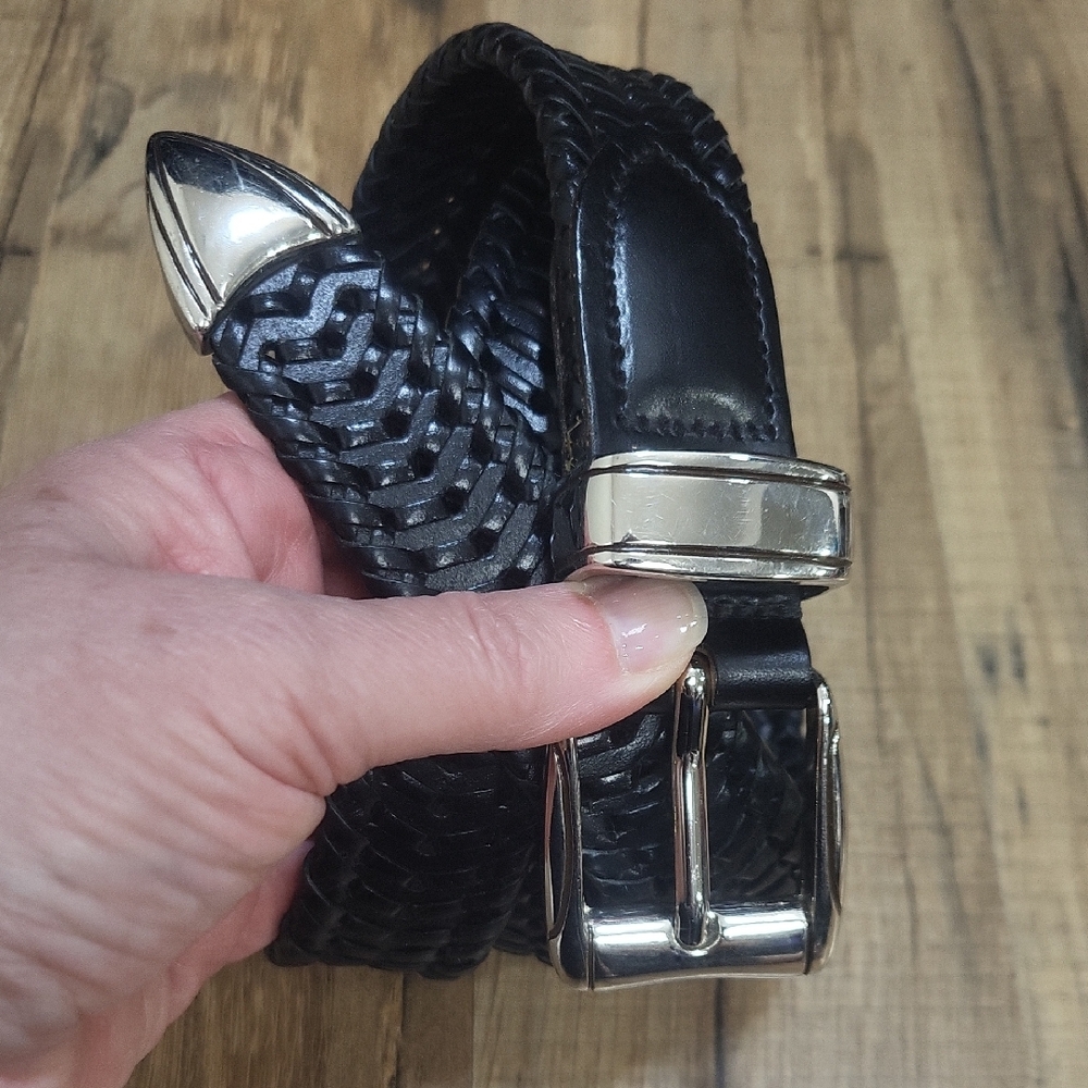 Black Made In Argentina Leather Tab Bonded Lacing Woven Silvertone Buckle Belt